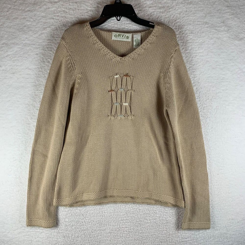 Orvis Women's Cable Knit V-Neck Cotton Blend Long Sleeve Pullover Sweater Size S